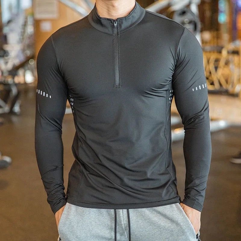 [HKT-POLY-MEN-LSLV02-BLK-L] Long-Sleeved Mens Quick-Dry Tshirt With Front Zipper (Black, L)